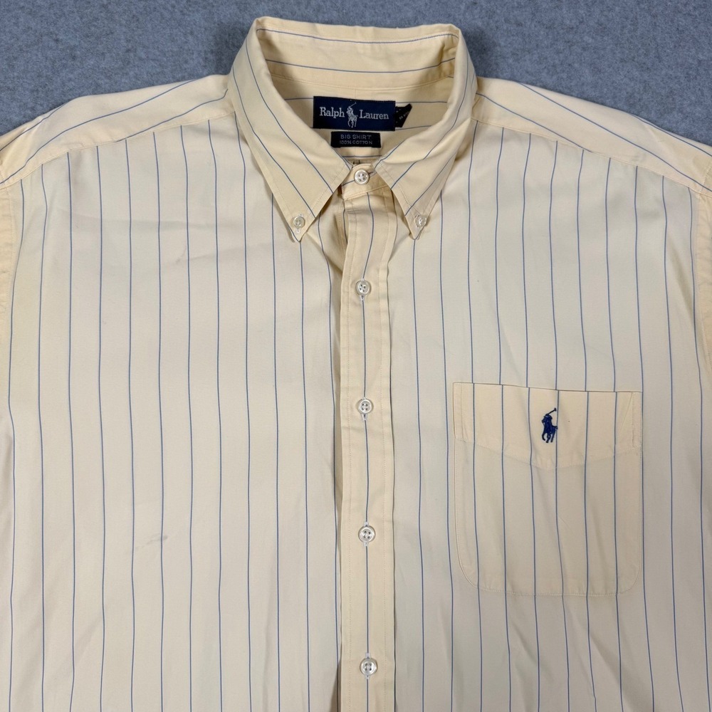 Ralph Lauren Big Shirt Mens XL Yellow Blue Striped Short Sleeve Button Down Pony